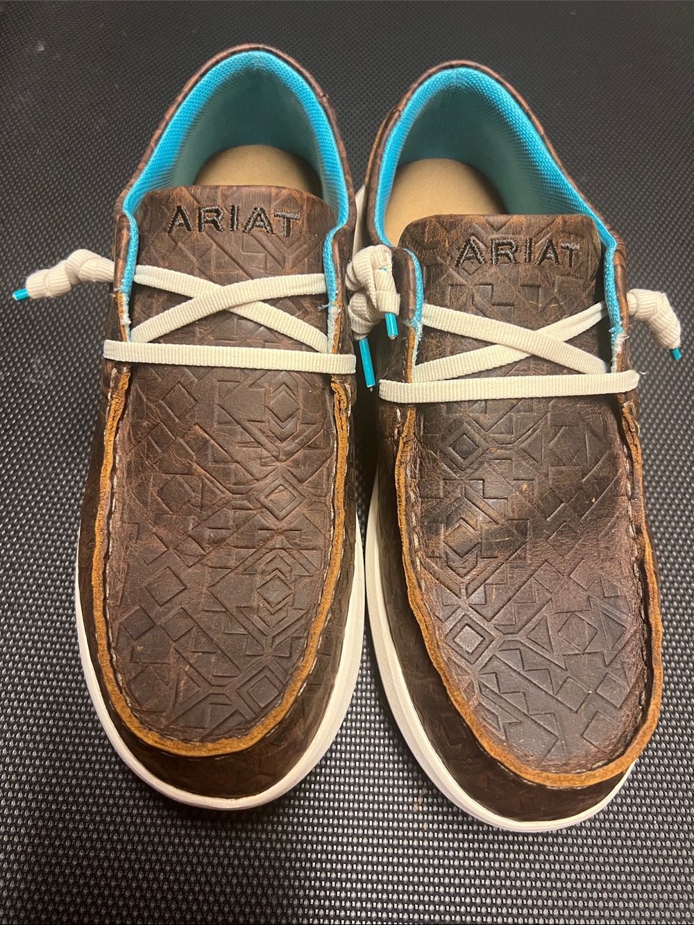 Ariat Brown Leather Slip-On Loafers with Teal Lining and White Sole